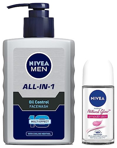 Nivea Men & Women Deodorant Roll On, Whitening Smooth Skin, Cool Kick, 50Ml & Face Wash, Oil Control, 10X Vitamin C, 150Ml, Pack Of 1